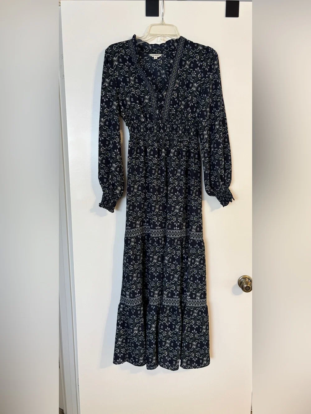 long sleeve floral maxi dress for women Floral Frill Trim Flounce Sleeve Plunge Maxi Dress – Charming Charlie main image 0